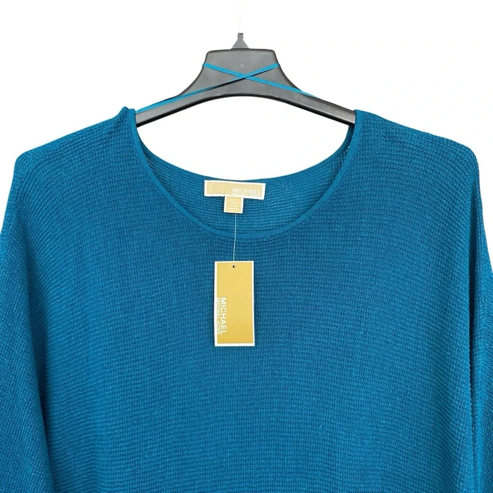 Michael Kors XL Luxe Teal Knit Tunic‎ Sweater Top Button Accents Dolman Sleeve
